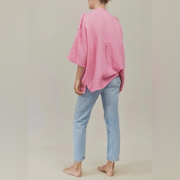 Acacia Swimwear Van Shirt in Sweet Pea Pink Gauze Organic Cotton Button Down - Picture 2 of 12